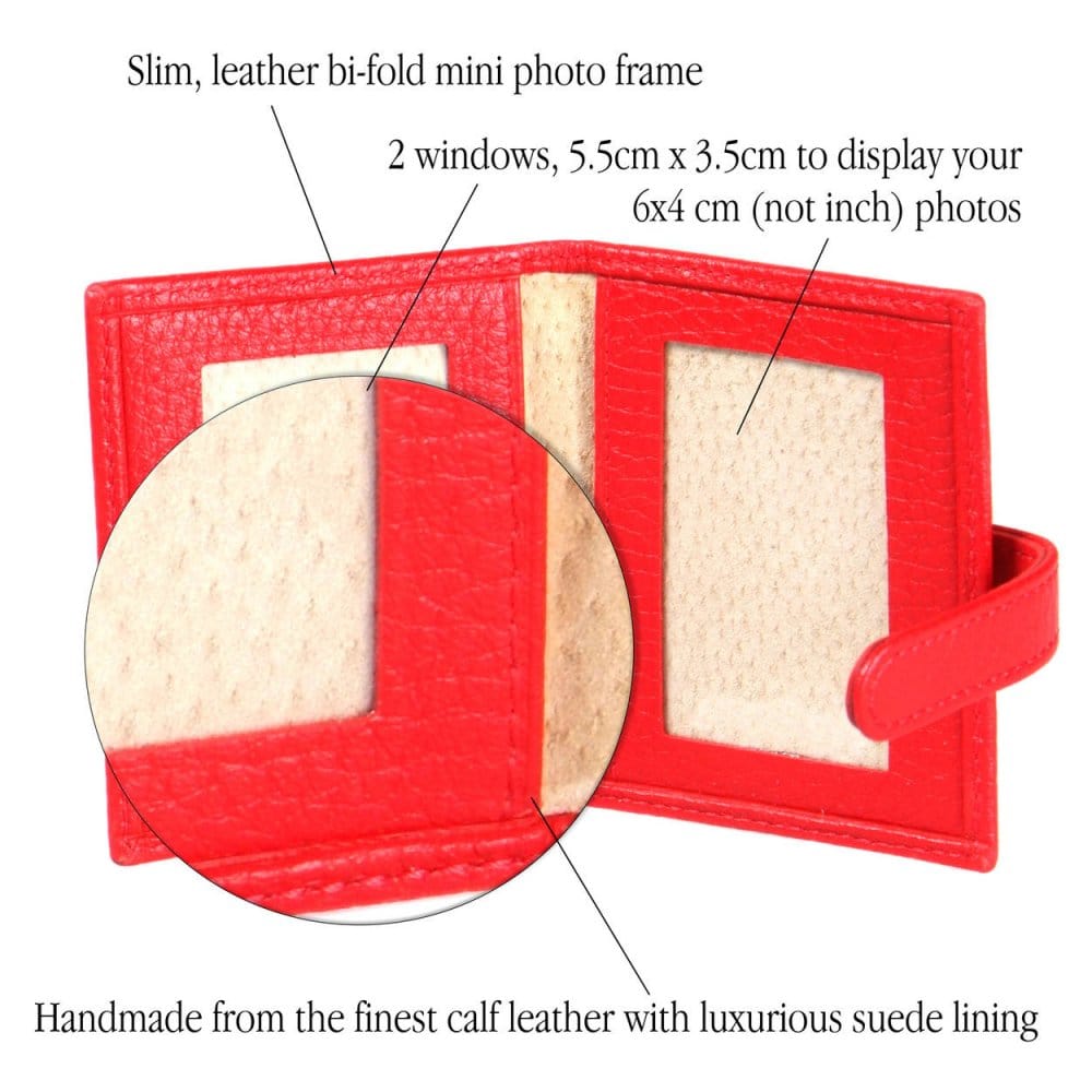 Mini leather passport photo frame, red, 60 x 40mm, features