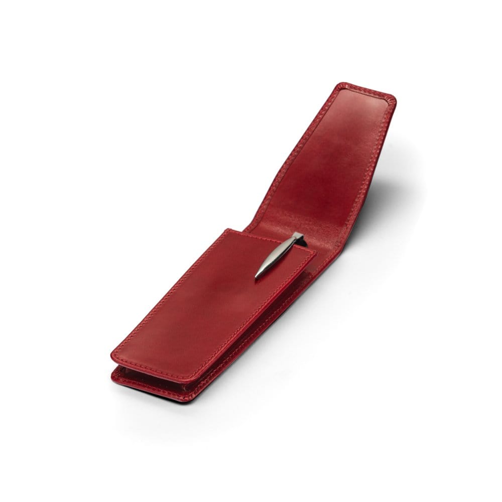 Leather pen case, red, open