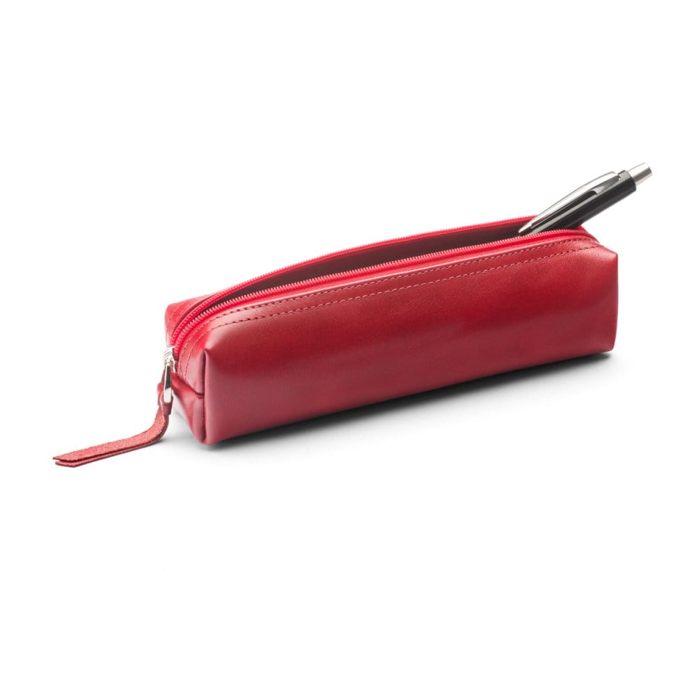 Leather pencil case, red, open