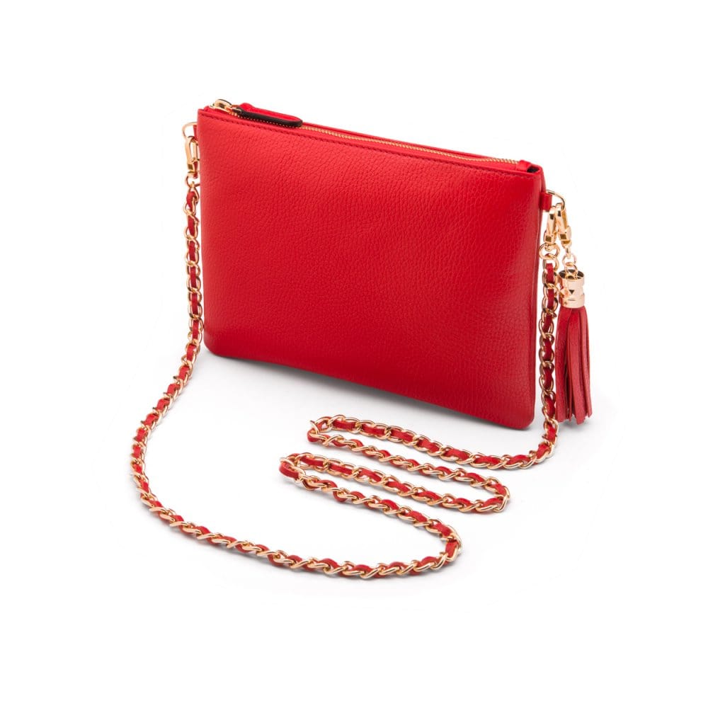 Leather cross body bag with chain strap, red