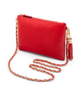 Leather cross body bag with chain strap, red