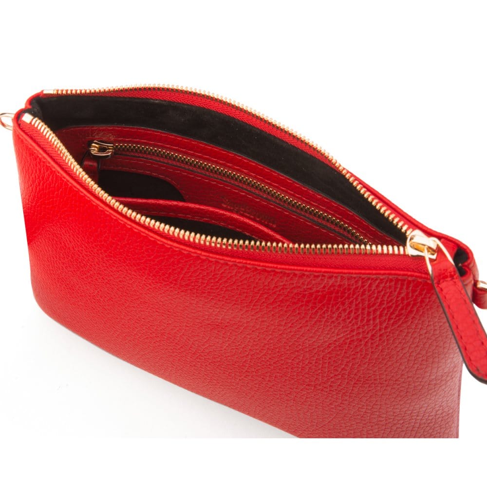 Leather cross body bag with chain strap, red, inside