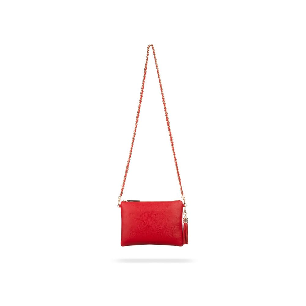 Leather cross body bag with chain strap, red, front
