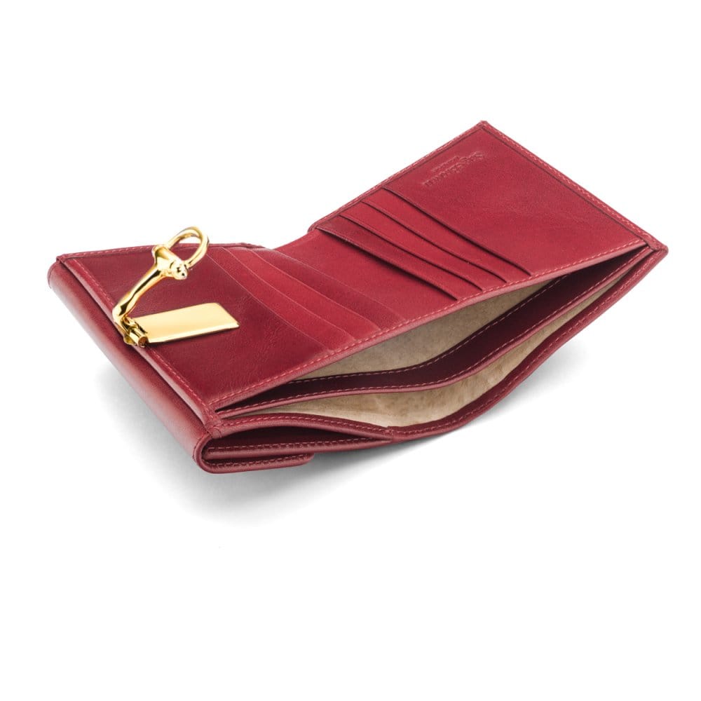 Leather purse with brass clasp, red, inside