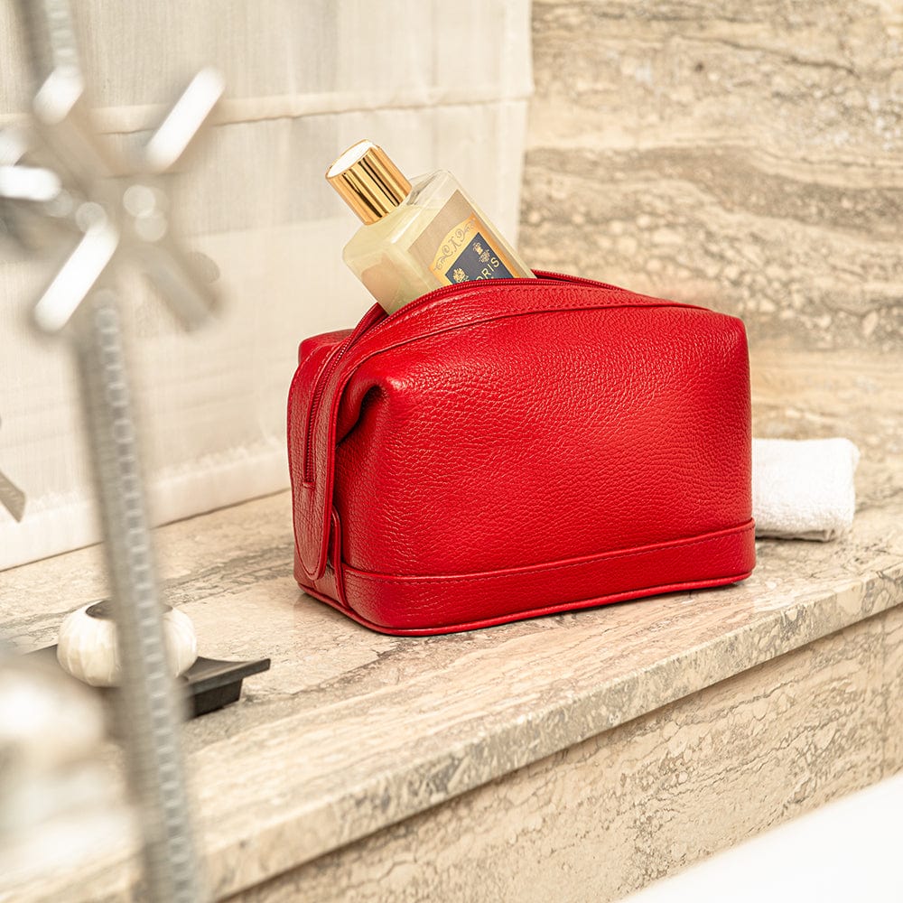 Leather wash bag, red, lifestyle view
