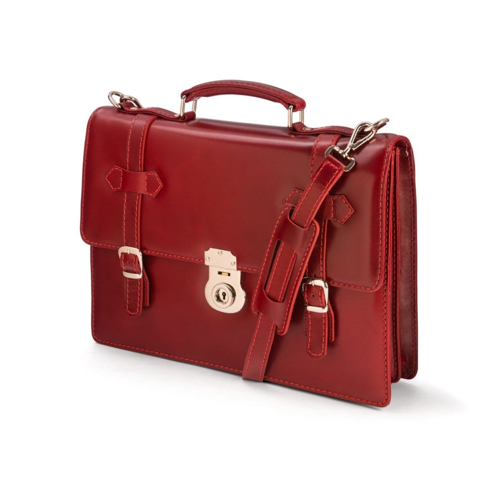 Leather Cambridge satchel briefcase with silver brass lock, red, side