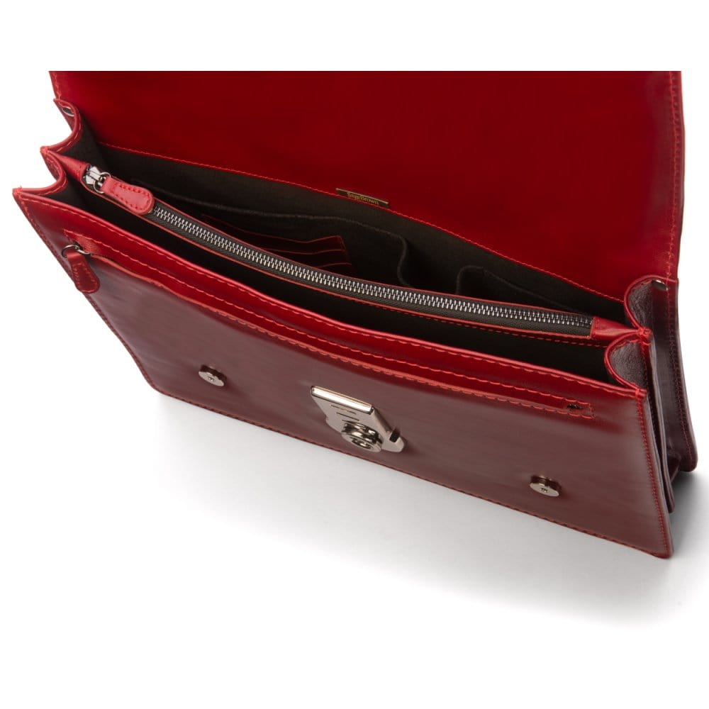 Leather Cambridge satchel briefcase with silver brass lock, red, inside
