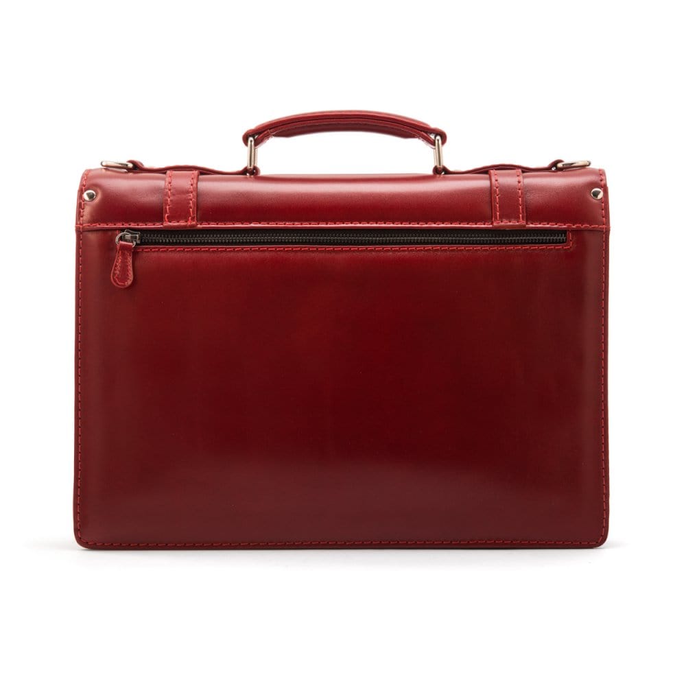 Leather Cambridge satchel briefcase with silver brass lock, red, back