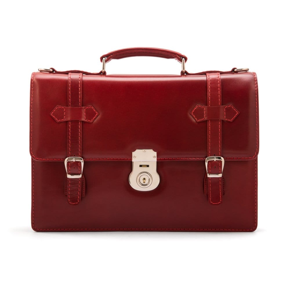 Leather Cambridge satchel briefcase with silver brass lock, red, front