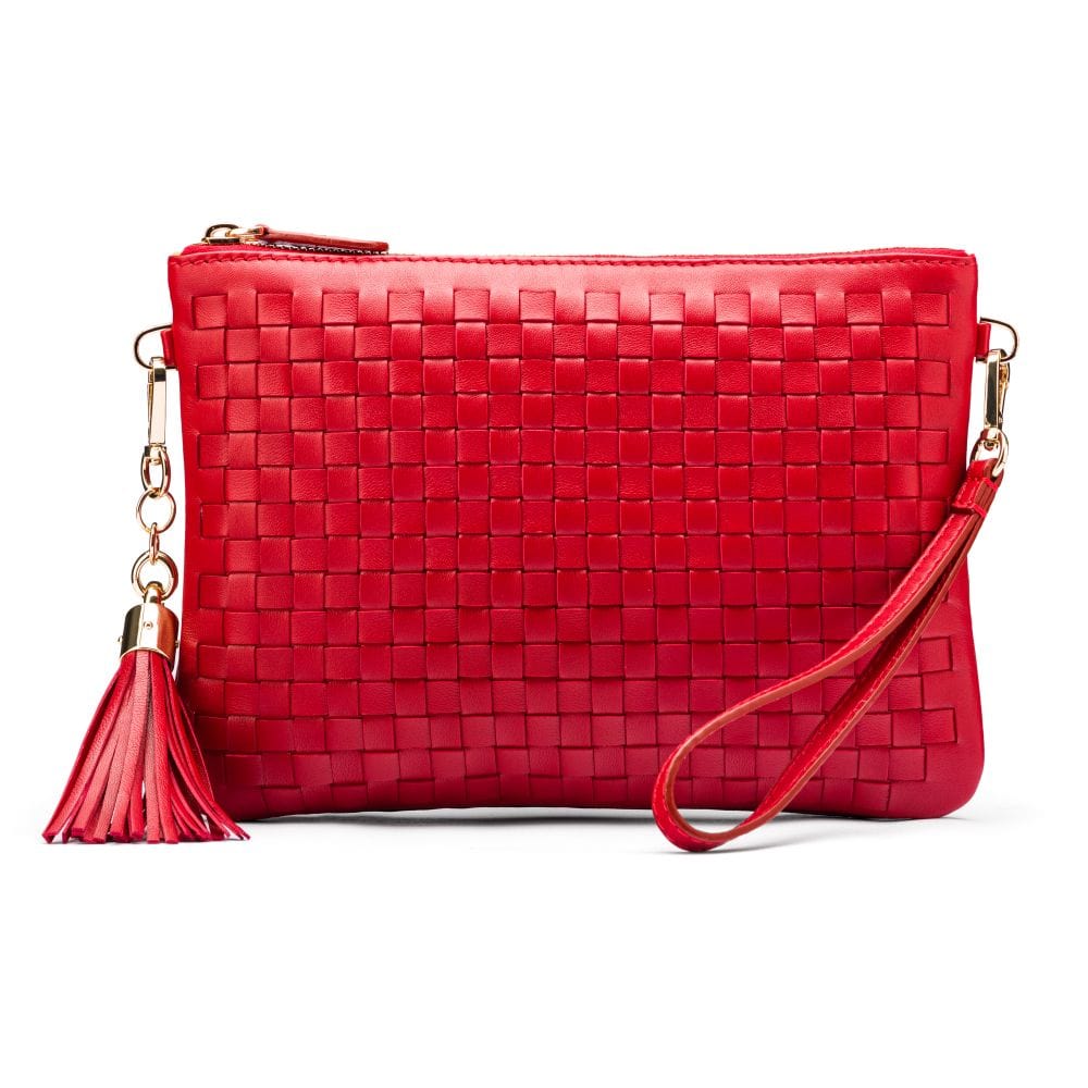 Leather woven cross body bag, red, front view