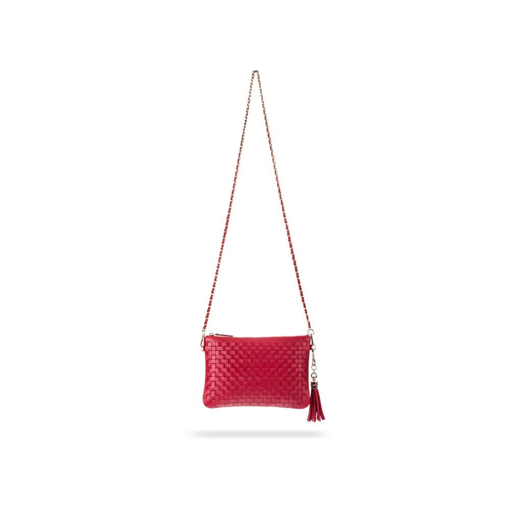 Leather woven cross body bag, red, with long strap