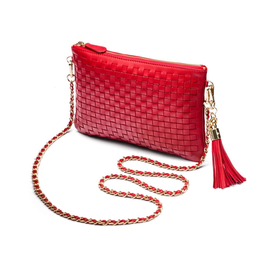 Leather woven cross body bag, red, with chain strap