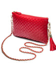 Leather woven cross body bag, red, with chain strap