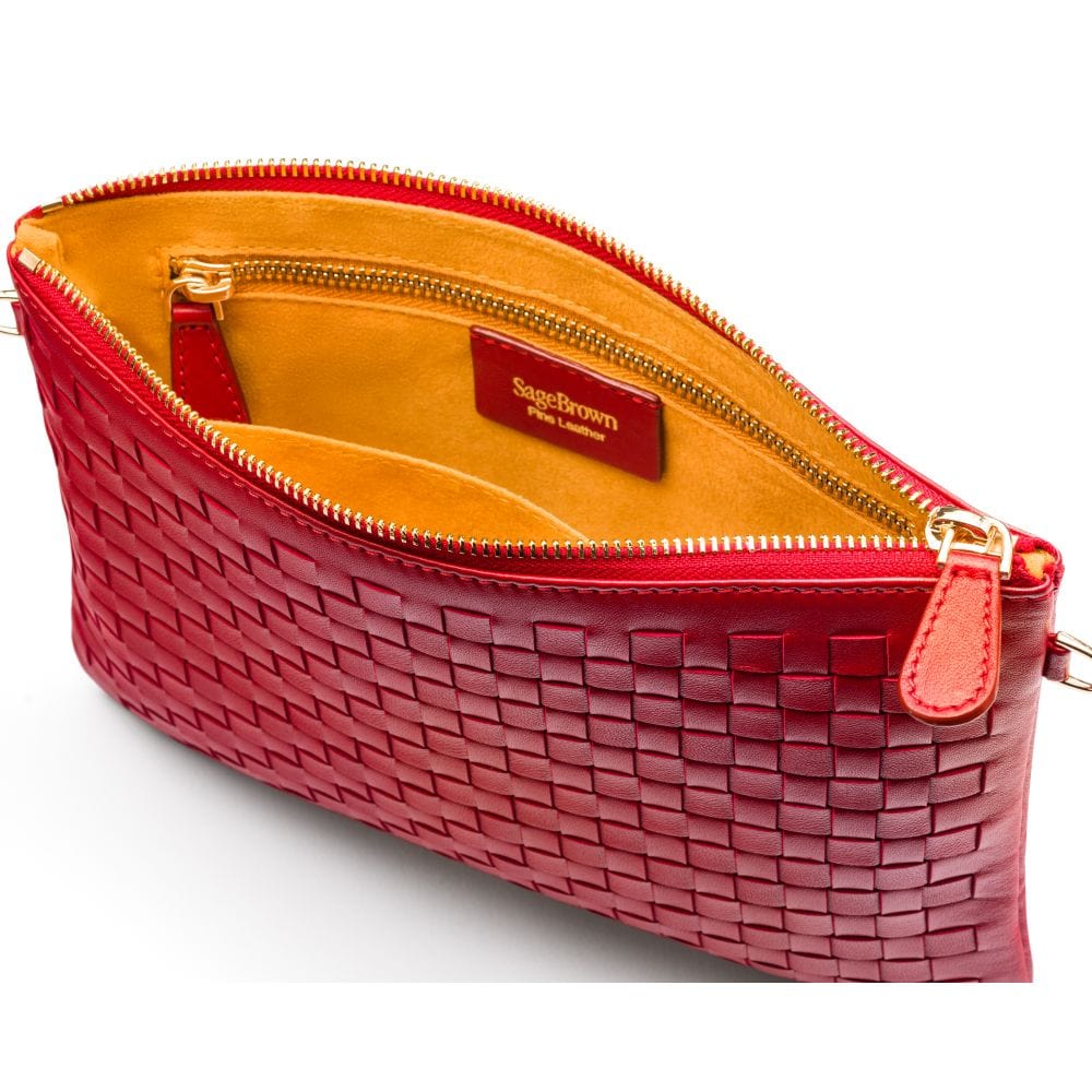 Leather woven cross body bag, red, inside 