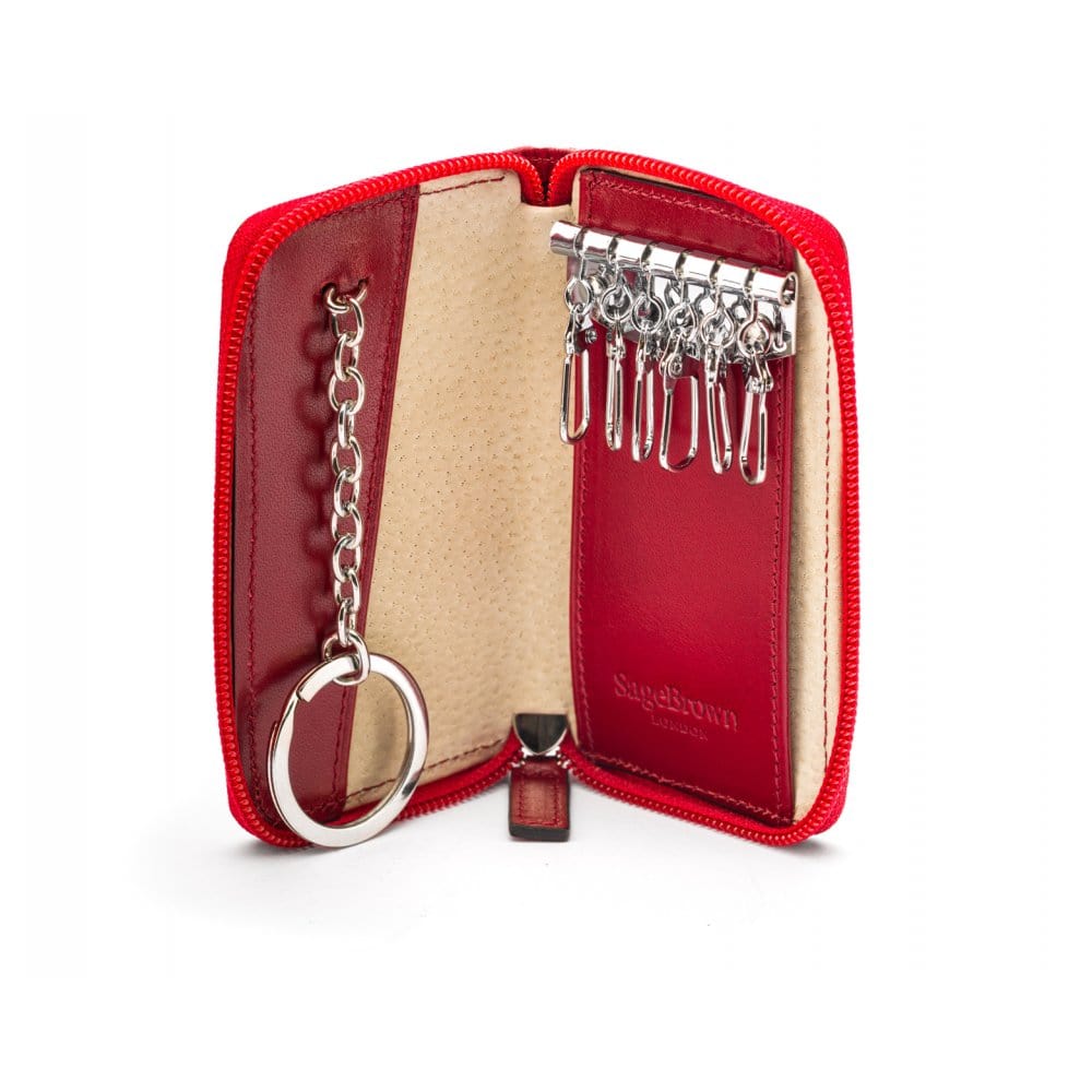 Leather zip around key case, red, open