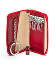 Leather zip around key case, red, open