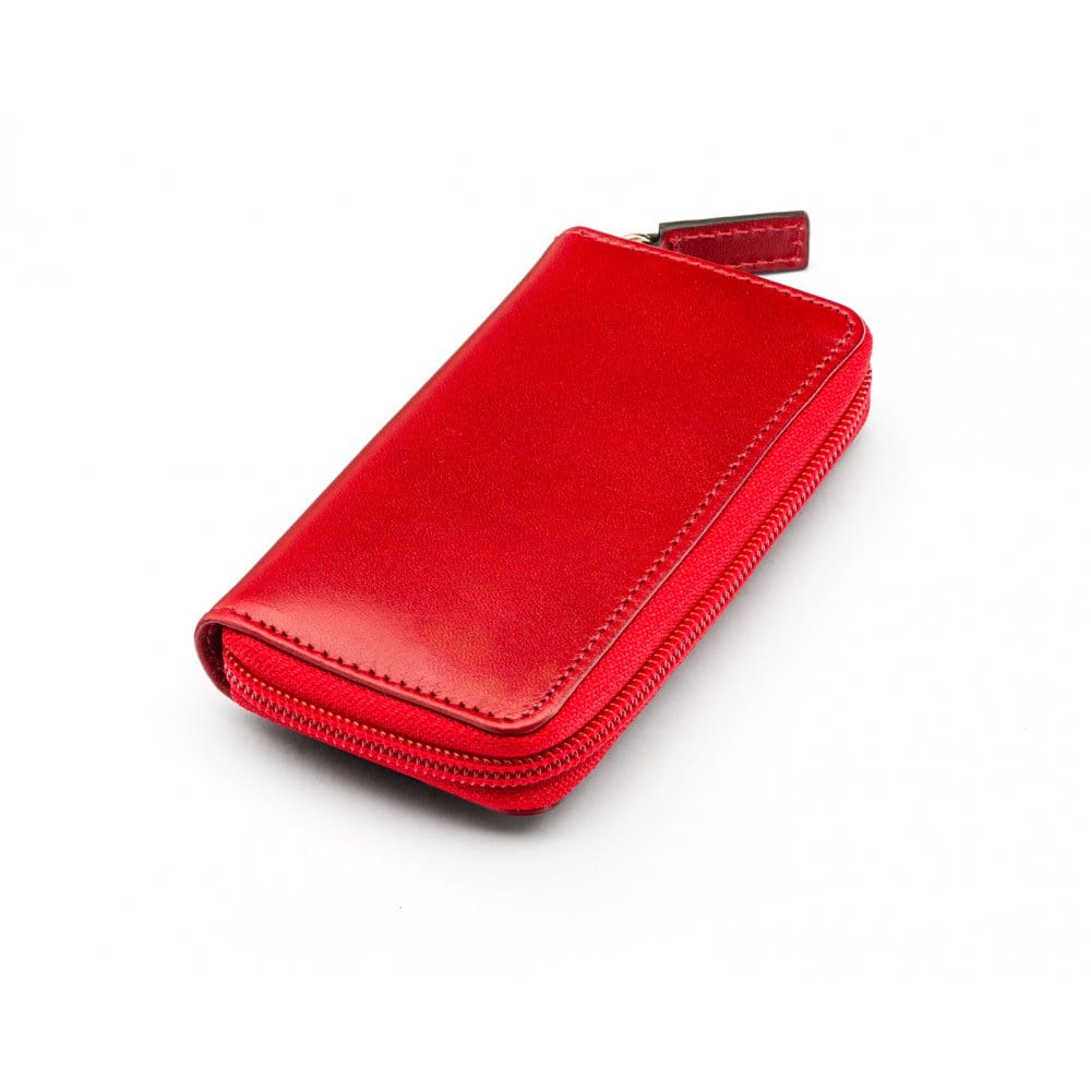 Leather zip around key case, red, front