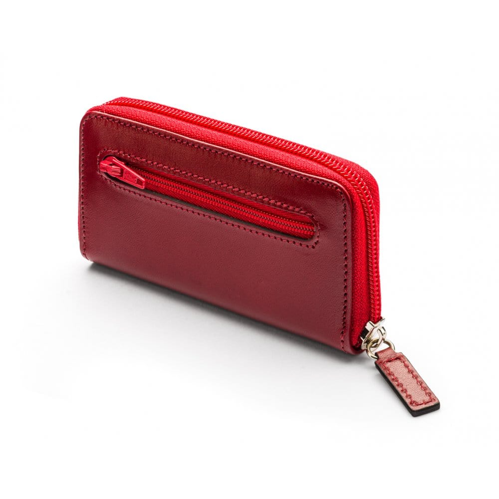 Leather zip around key case, red, back