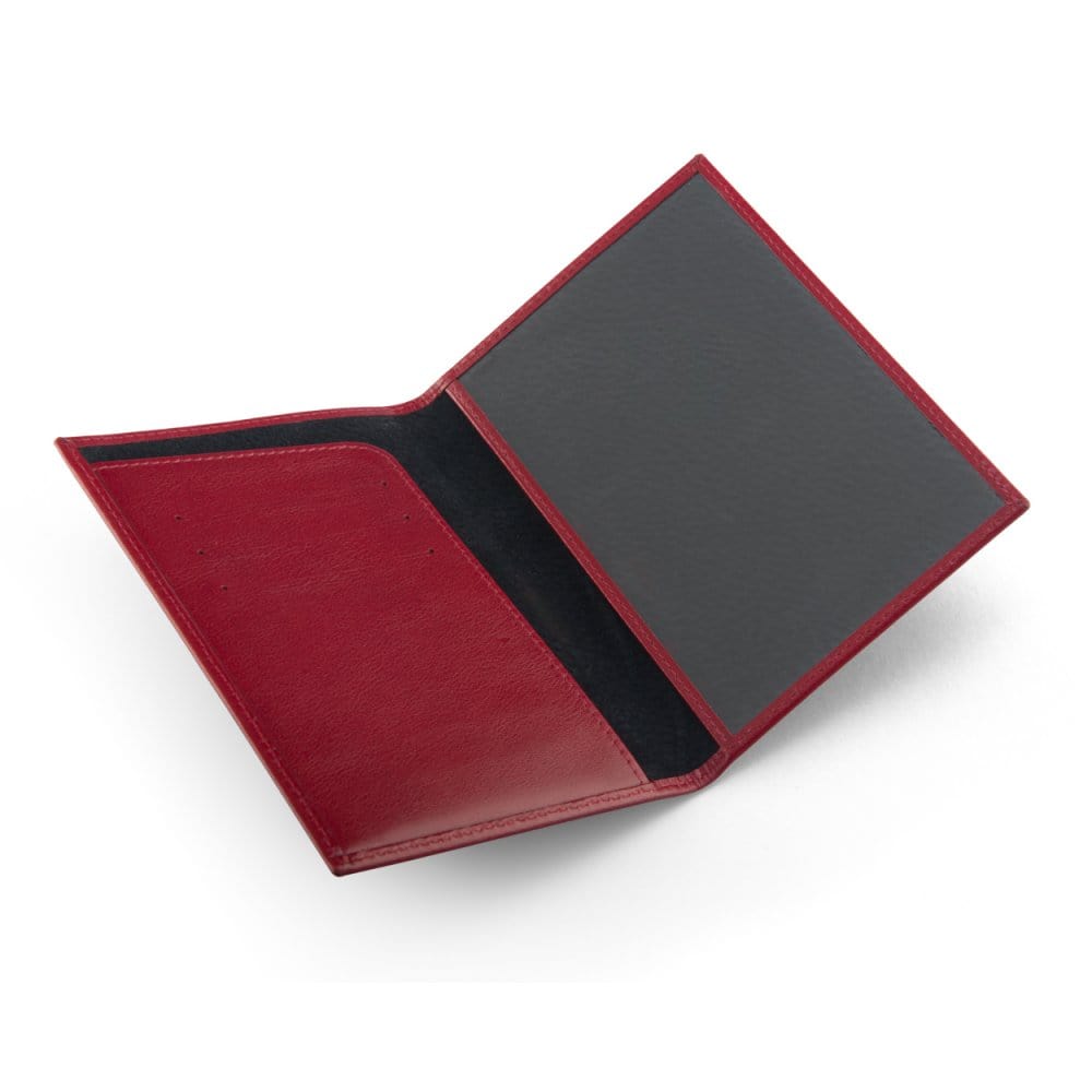 Luxury leather passport cover, red, open