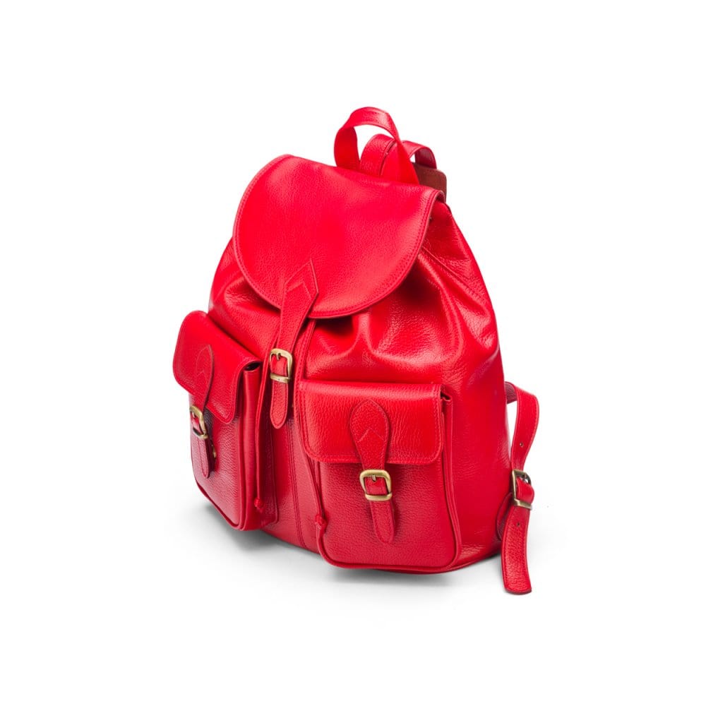Leather backpack with pockets, red, side