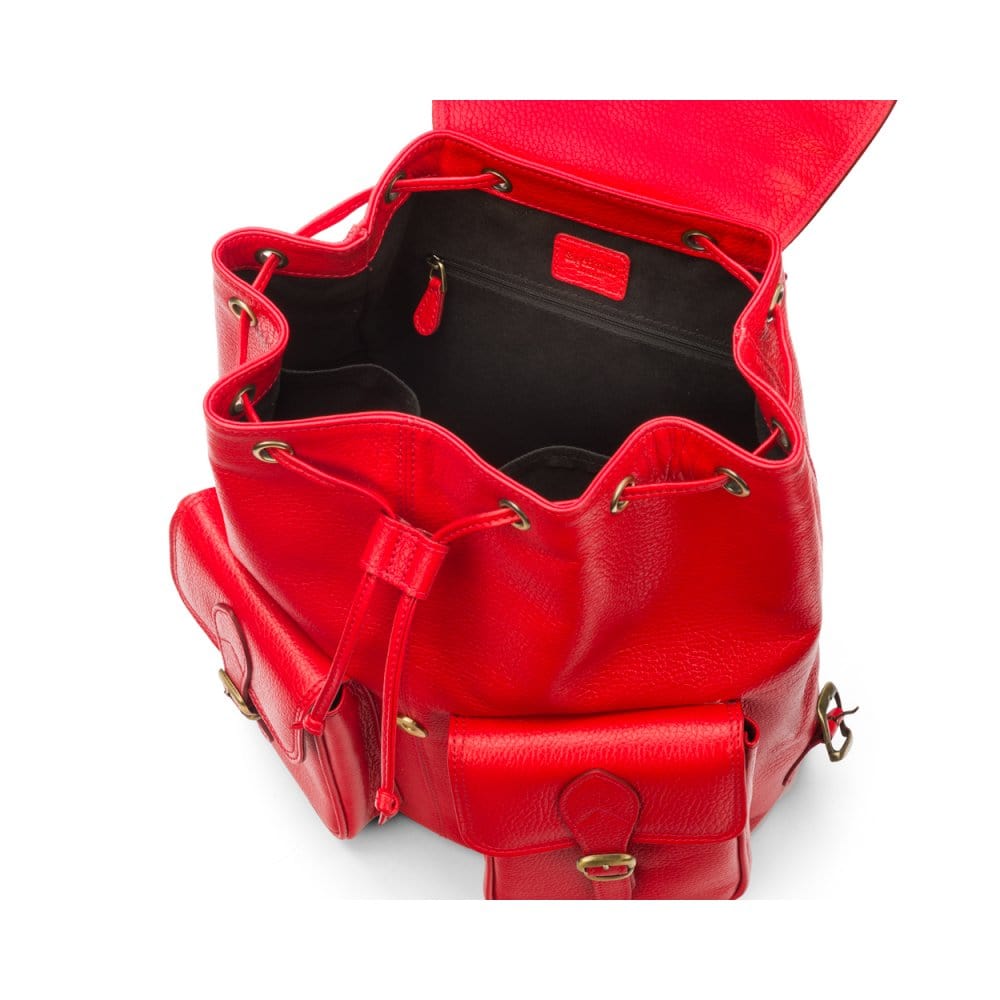 Leather backpack with pockets, red, inside
