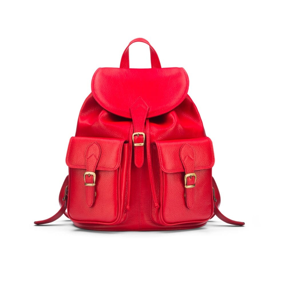 Leather backpack with pockets, red, front
