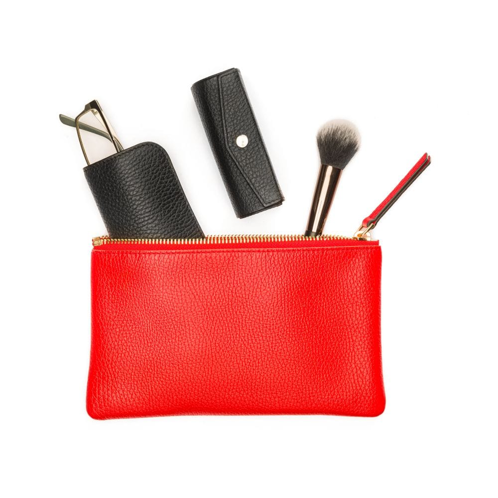 Medium leather makeup bag, red,, open