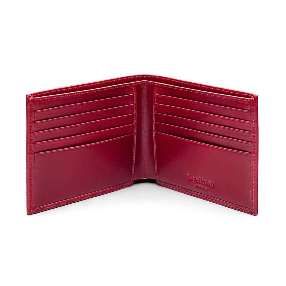 Men&#39;s leather billfold wallet, red, open