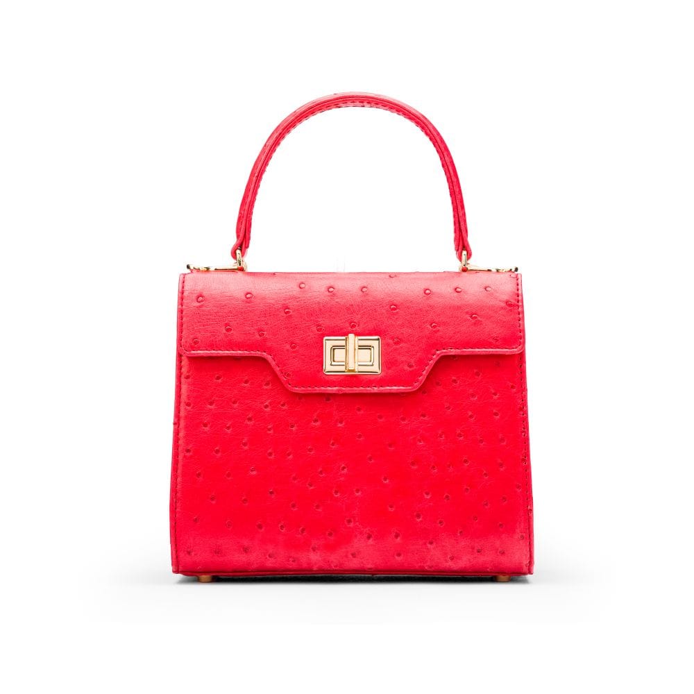 Mini ostrich leather Morgan Bag, top handle bag, red, front