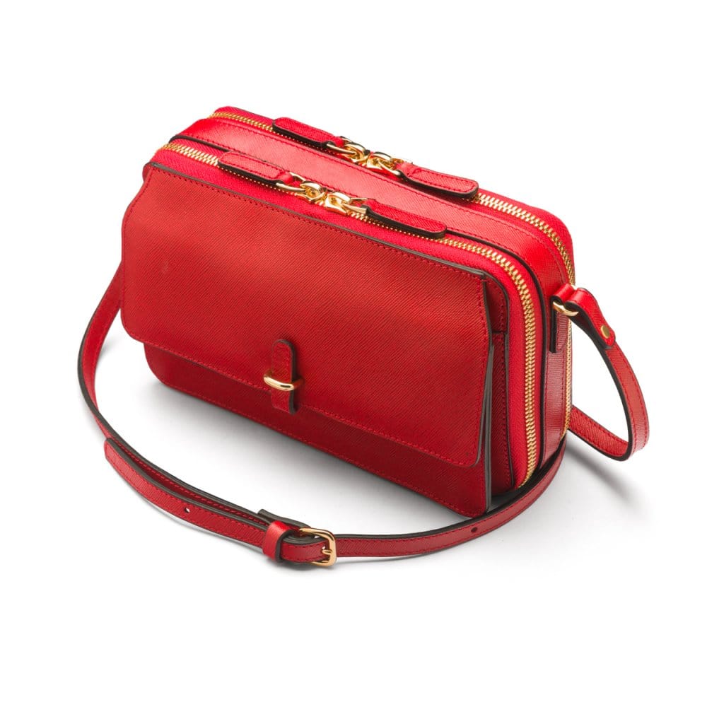 Compact crossbody bag, red saffiano, side