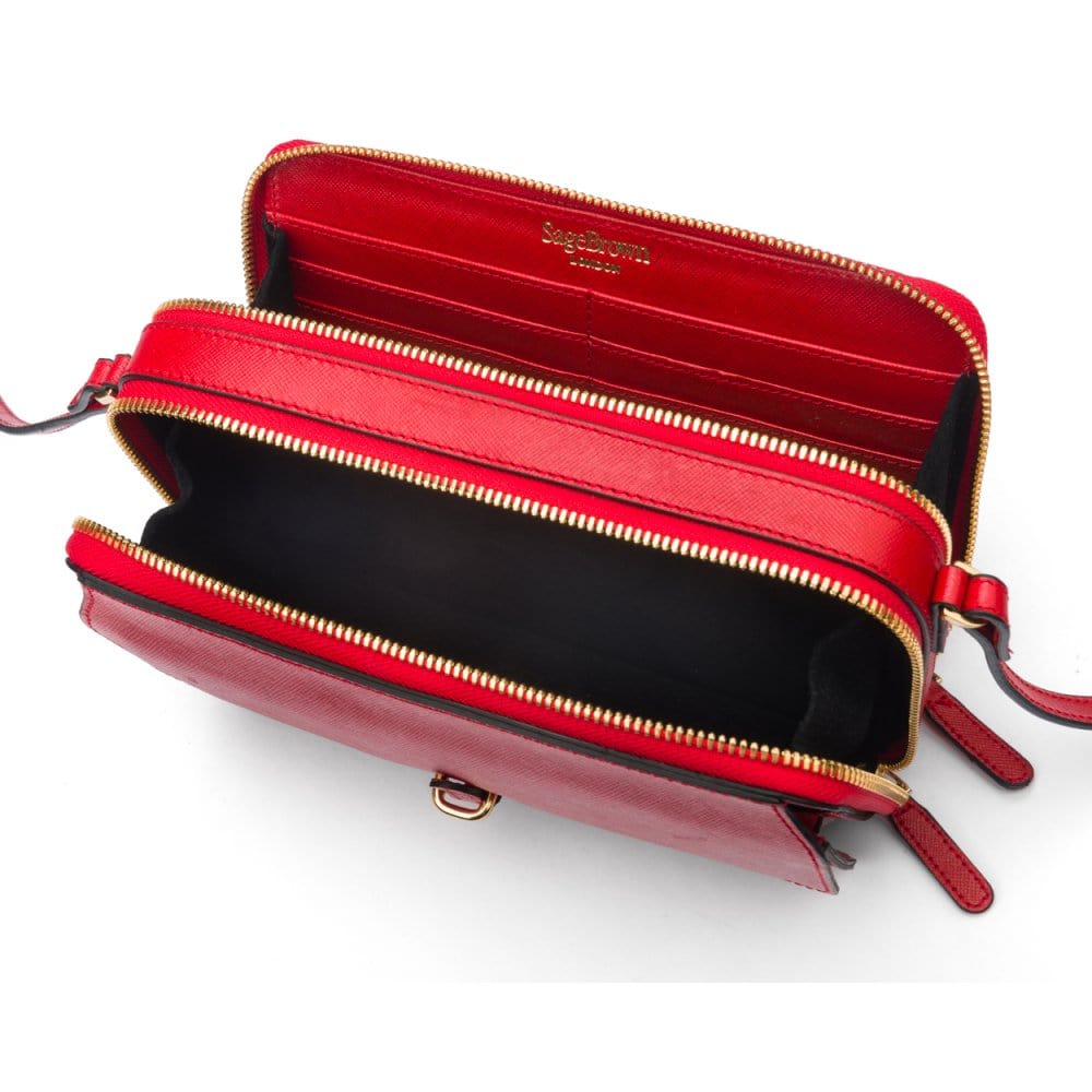 Compact crossbody bag, red saffiano, inside