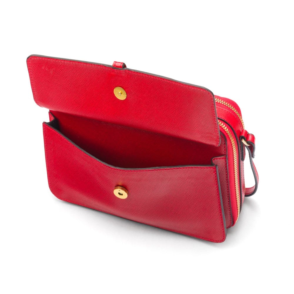 Compact crossbody bag, red saffiano, front pocket
