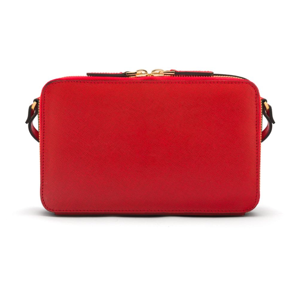 Compact crossbody bag, red saffiano, back view