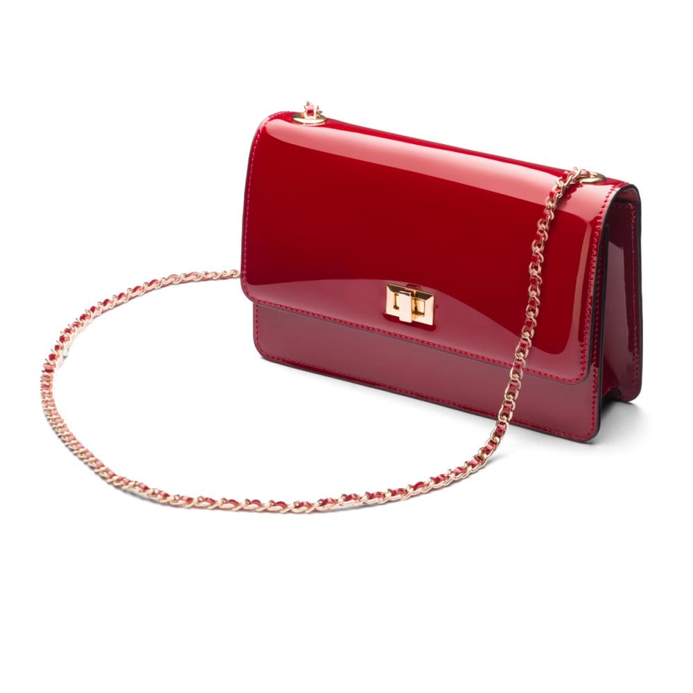 Leather chain bag, red patent, side view
