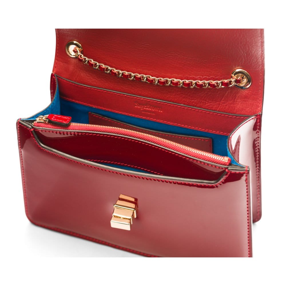 Leather chain bag, red patent, inside view
