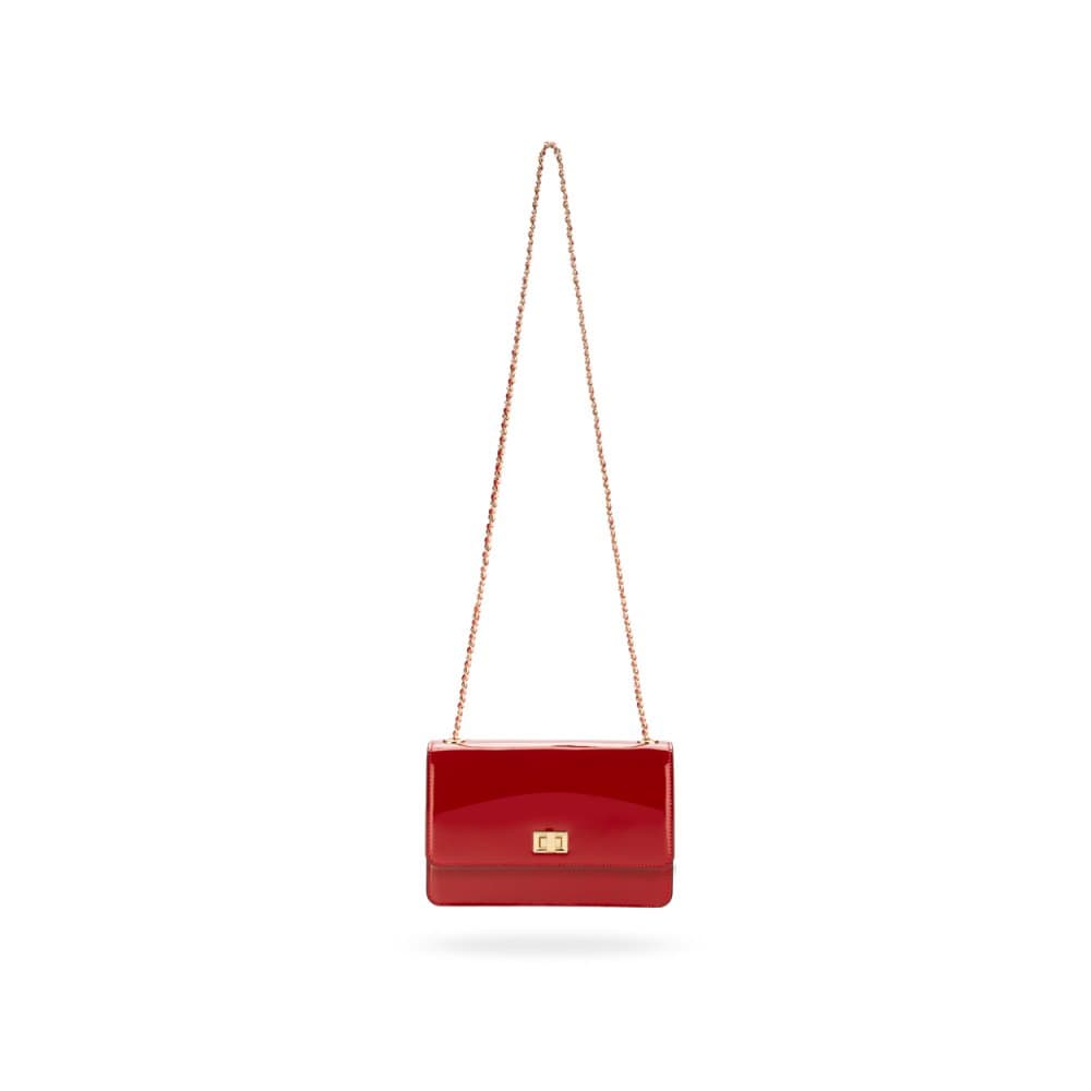 Leather chain bag, red patent, long strap