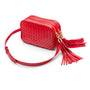 Woven leather camera bag, red, side view