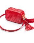 Woven leather camera bag, red, side view