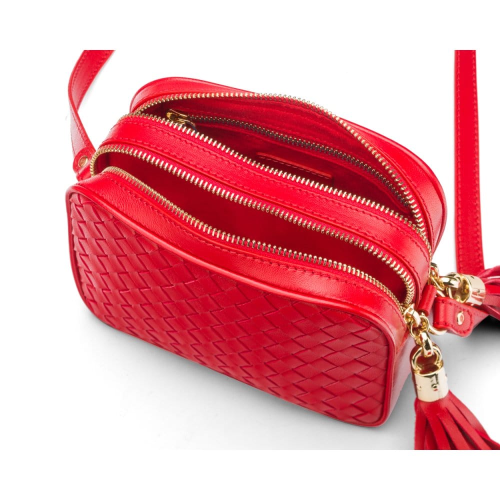 Woven leather camera bag, red, inside