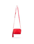 Woven leather camera bag, red, with long shoulder strap