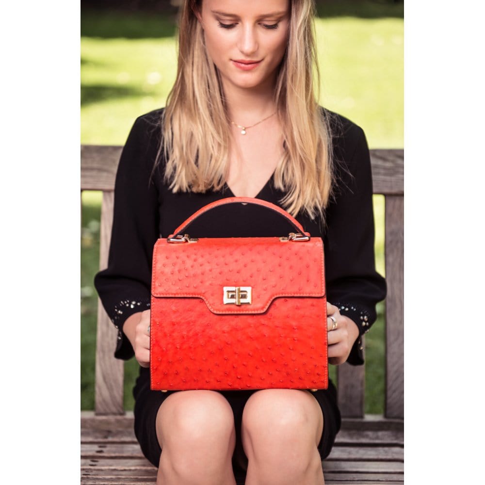Real ostrich top handle bag, red, lifestyle