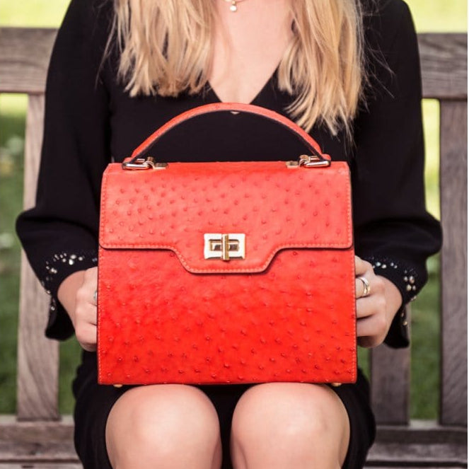 Real ostrich top handle bag, red, lifestyle