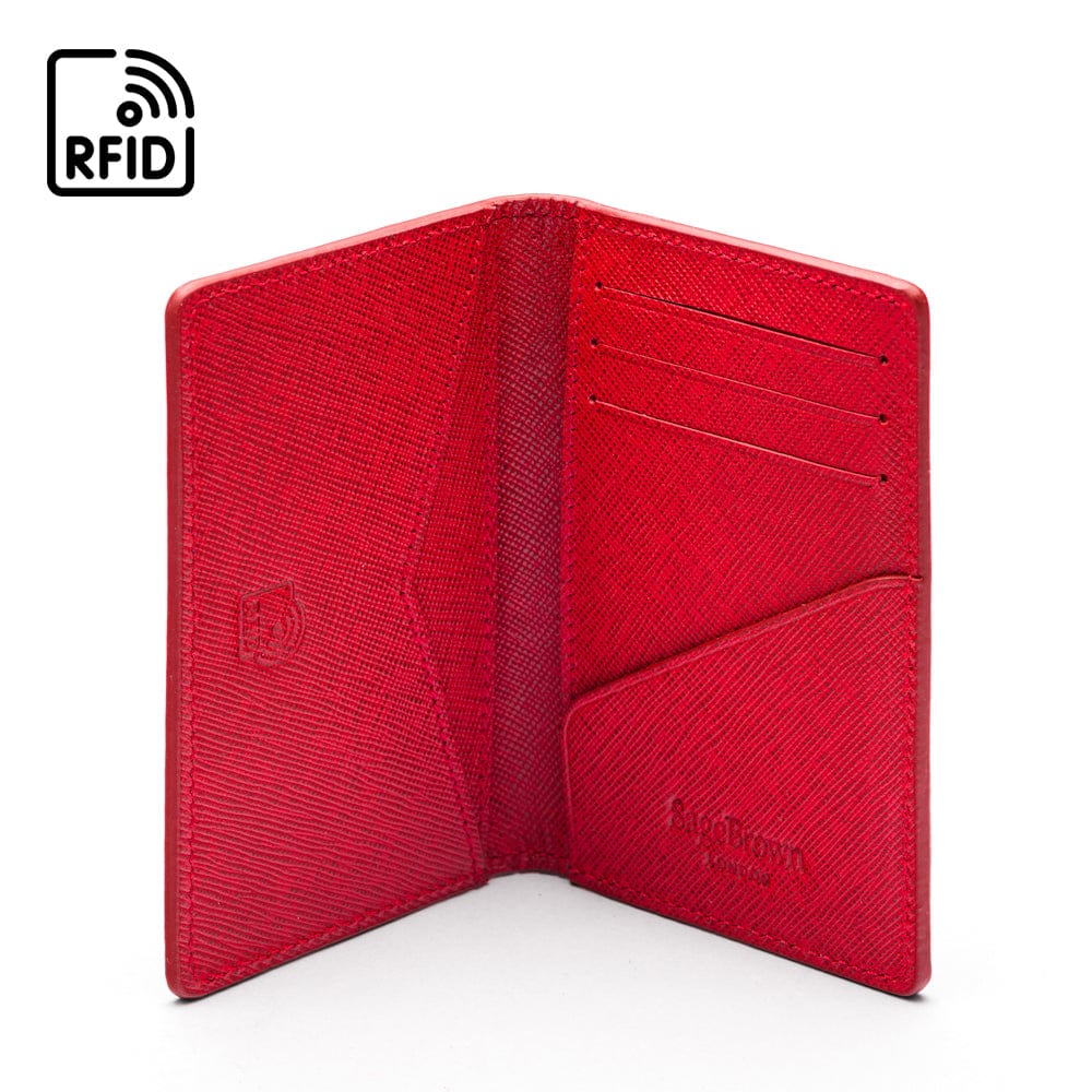 RFID bifold credit card holder, red saffiano, inside view