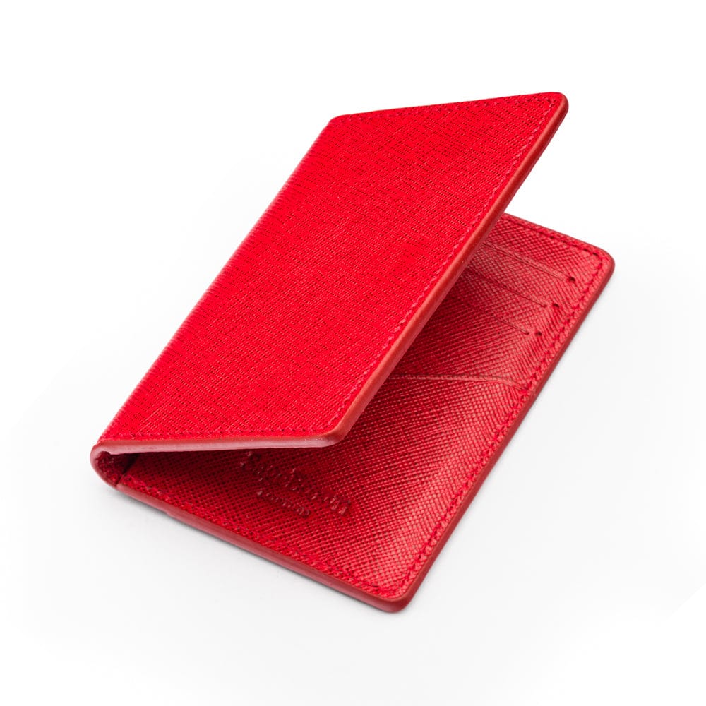 RFID bifold credit card holder, red saffiano, open view