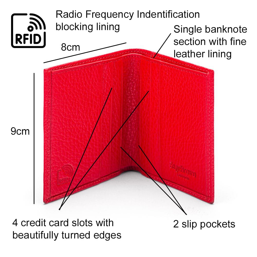 RFID leather wallet with 4 CC, red, features