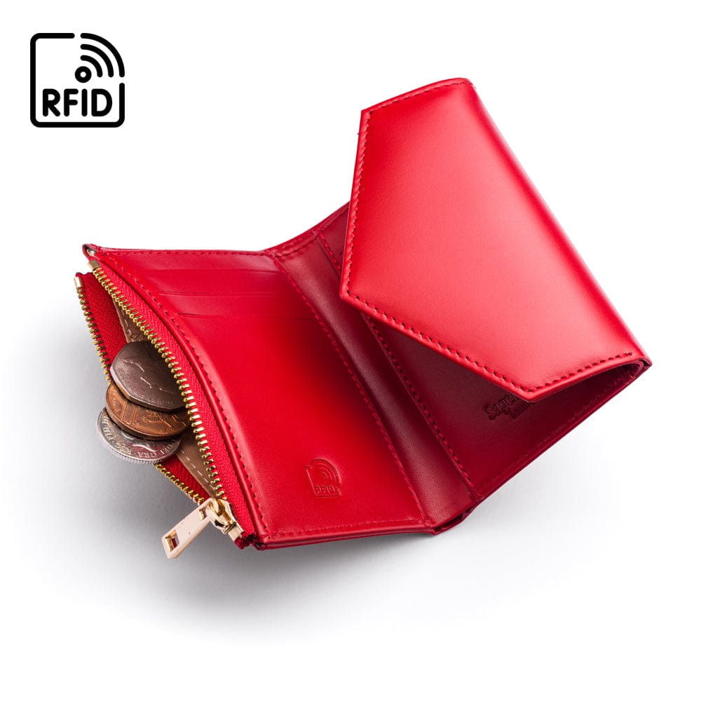 RFID blocking leather envelope purse, red, open view