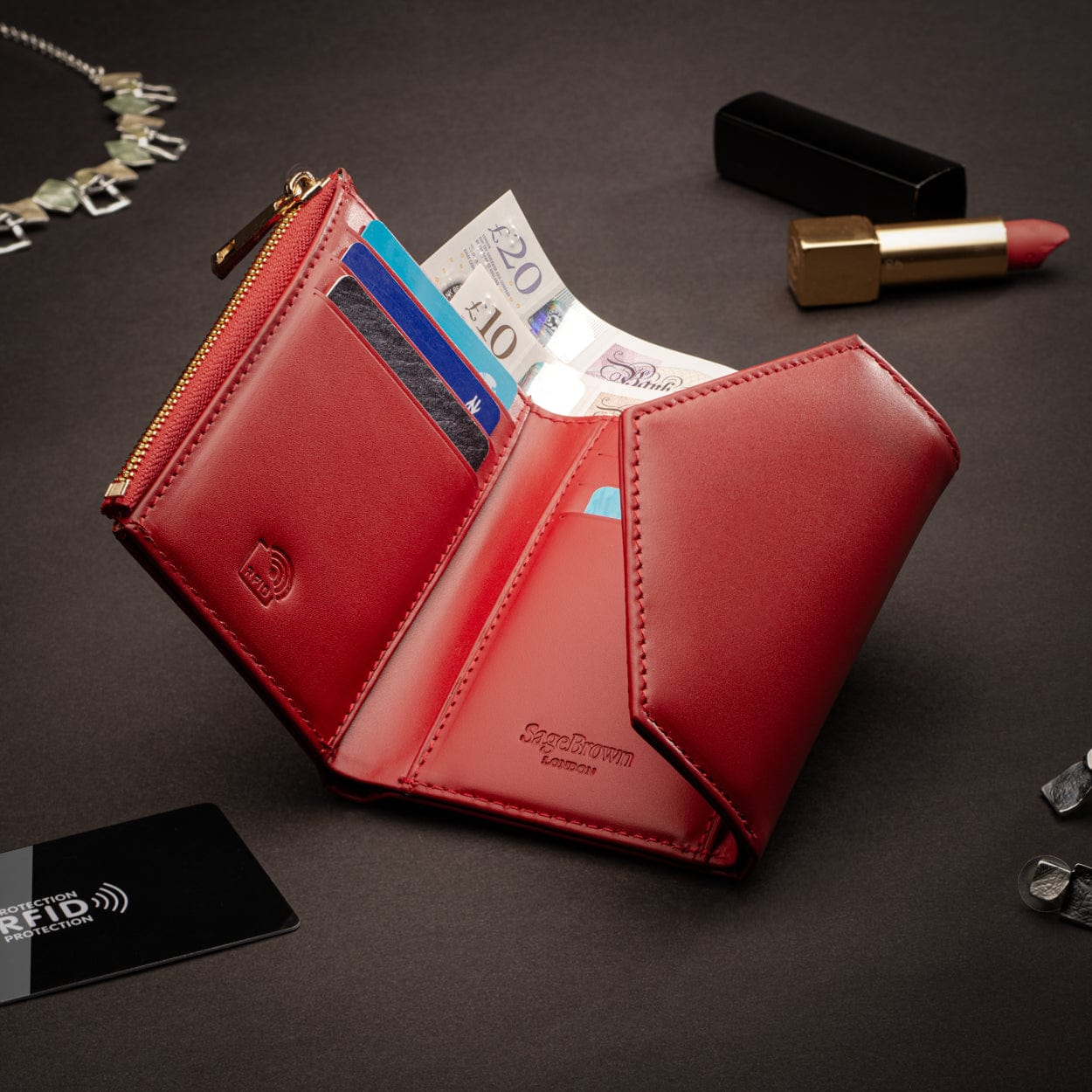 RFID blocking leather envelope purse, red, lifestyle