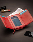 RFID blocking leather tri-fold purse, red, lifestyle