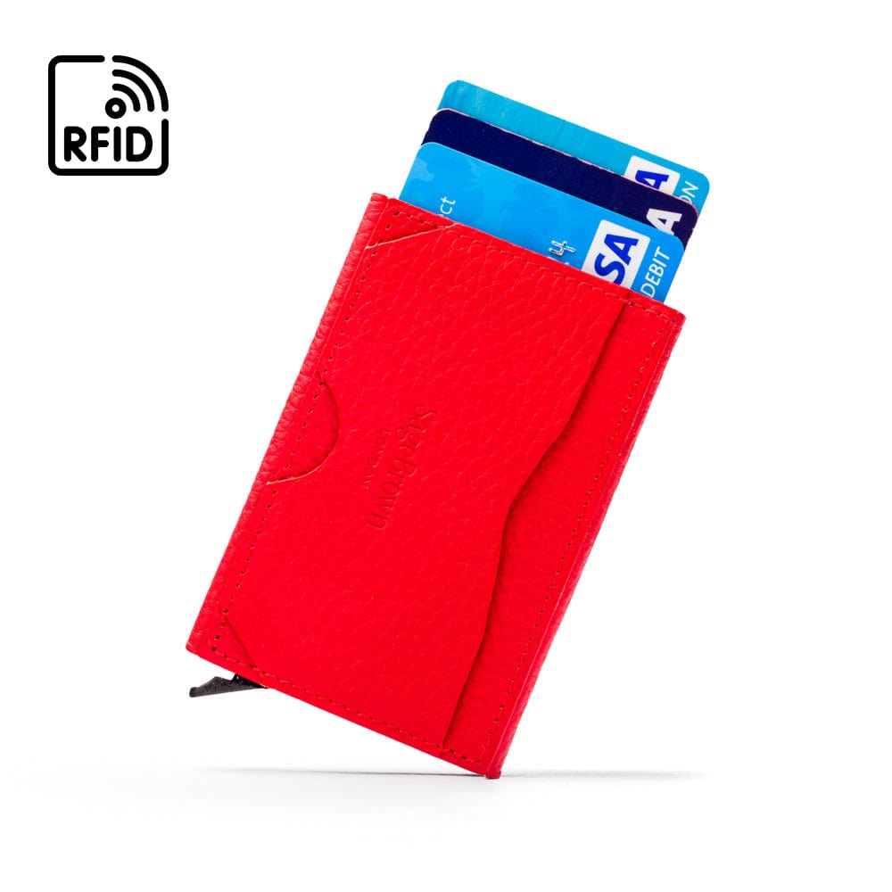 RFID pop-up credit card case, red, back view