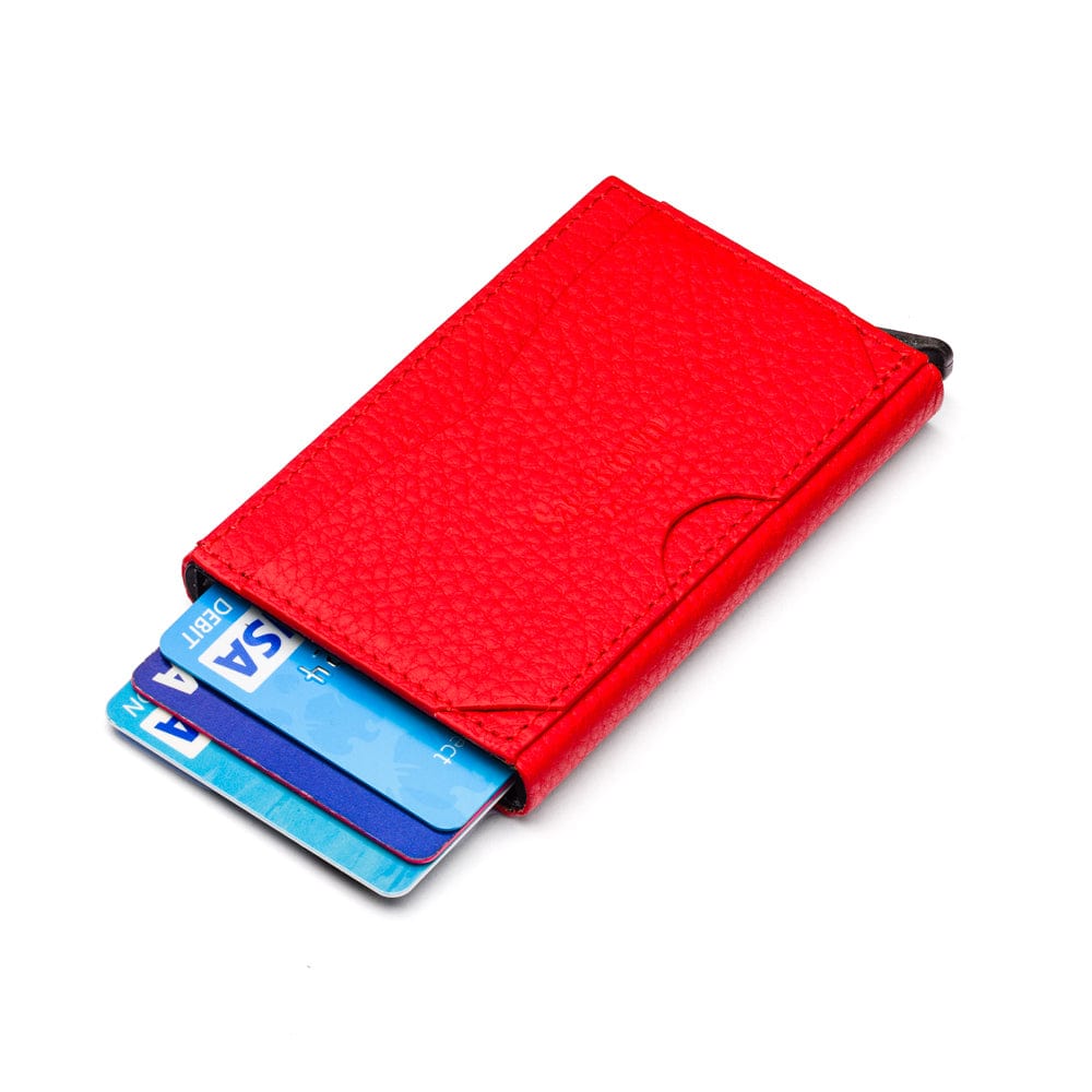 RFID pop-up credit card case, red, reverse view